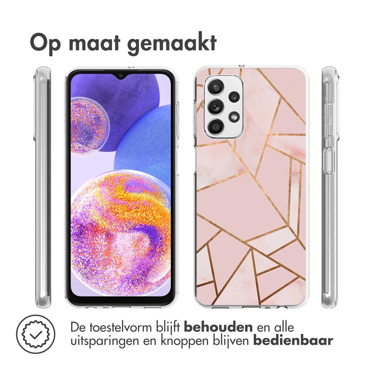 Téléphone dans une coque rose, côtés visibles. À gauche vue du téléphone, à droite vue de la coque.