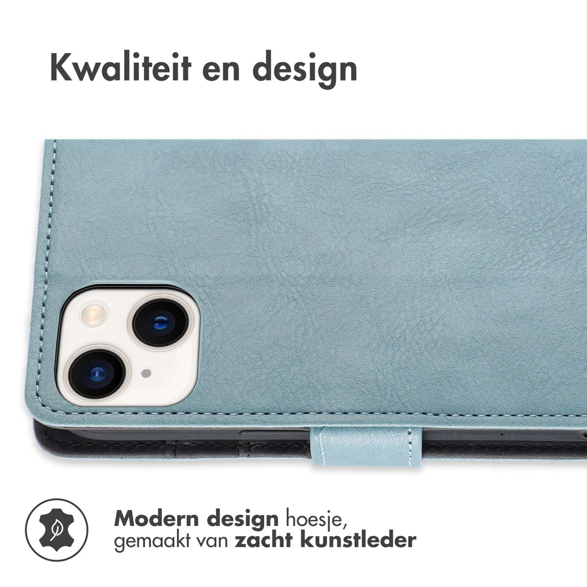 Een lichtblauwe telefoonhoes met een telefoon erin, die het camera-gedeelte laat zien.