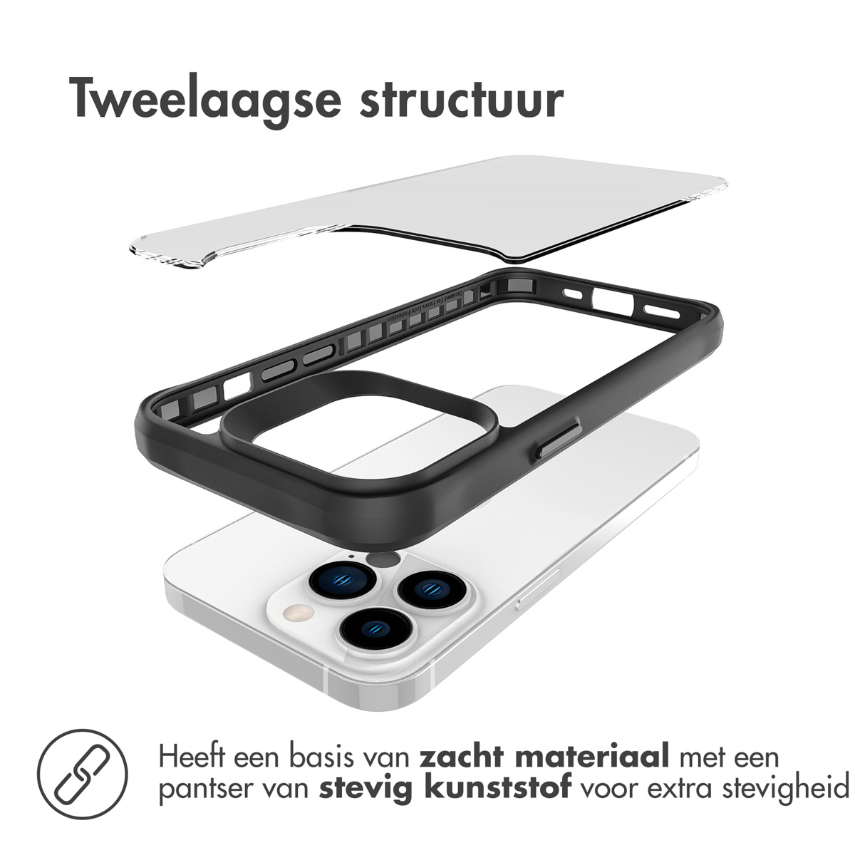 Diagram van een telefoonhoesje met een witte telefoon en drie lagen.