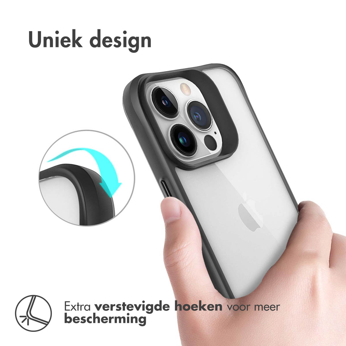 Persoon houdt telefoon in zwarte hoes, versterkte hoeken voor extra bescherming.