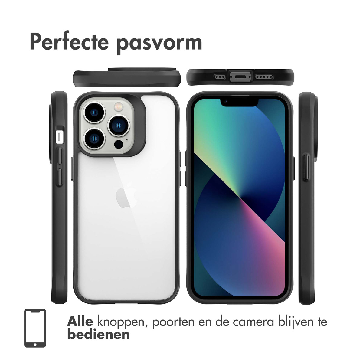 Een zwarte telefoonhoes wordt in verschillende weergaven weergegeven. Een telefoon zit in de hoes.