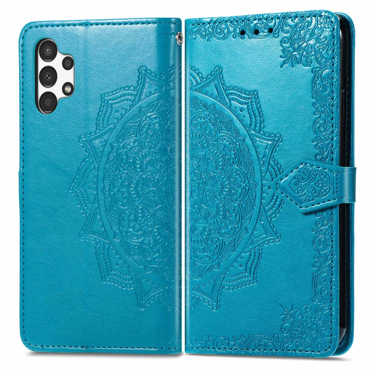 Teal telefoonhoes open, met een telefoon. Hoes heeft een reliëf mandala ontwerp. Tekst: Hoes open.