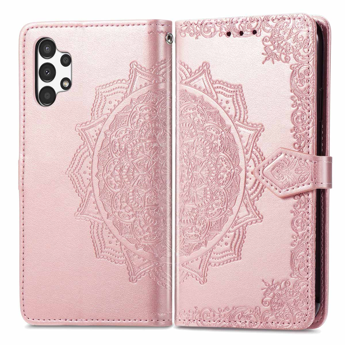 Étui de téléphone rose, ouvert, avec un motif mandala. Texte : Design mandala. Espace pour les cartes.
