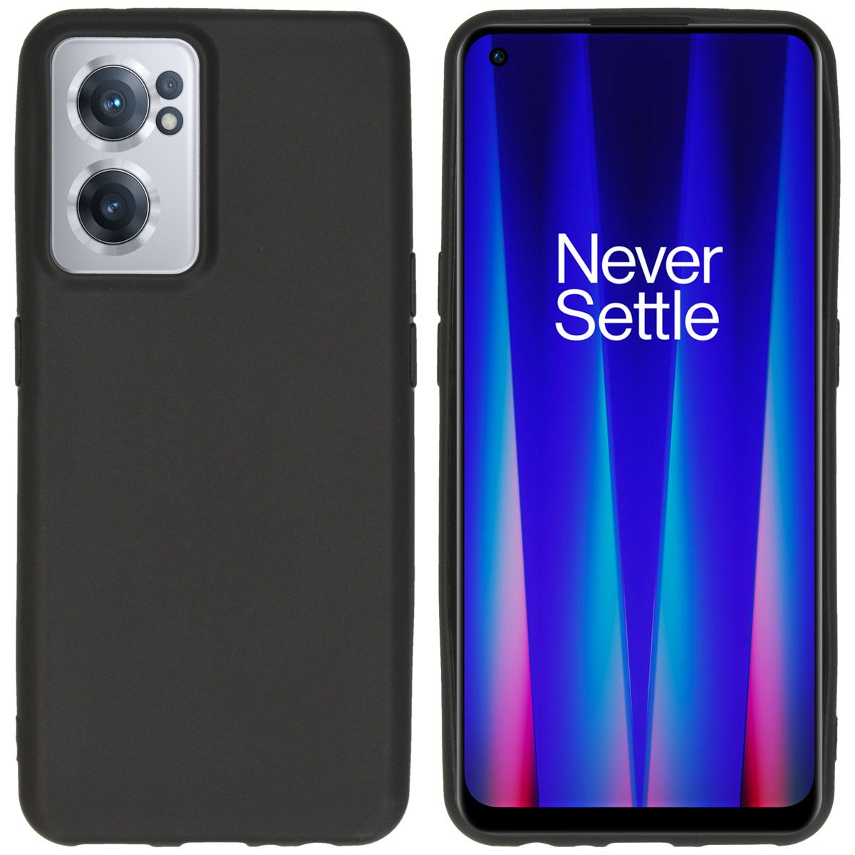 Coque de téléphone noire avec un téléphone à l'intérieur. L'écran du téléphone affiche le texte : Never Settle. La coque recouvre le téléphone.