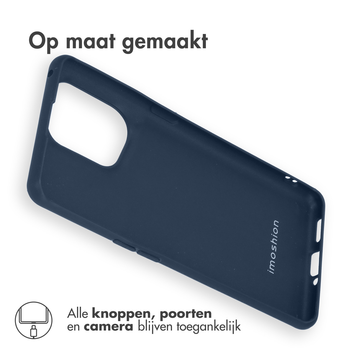 Funda de teléfono azul. Texto: Hecho a medida. Todos los botones, puertos y cámara permanecen accesibles.