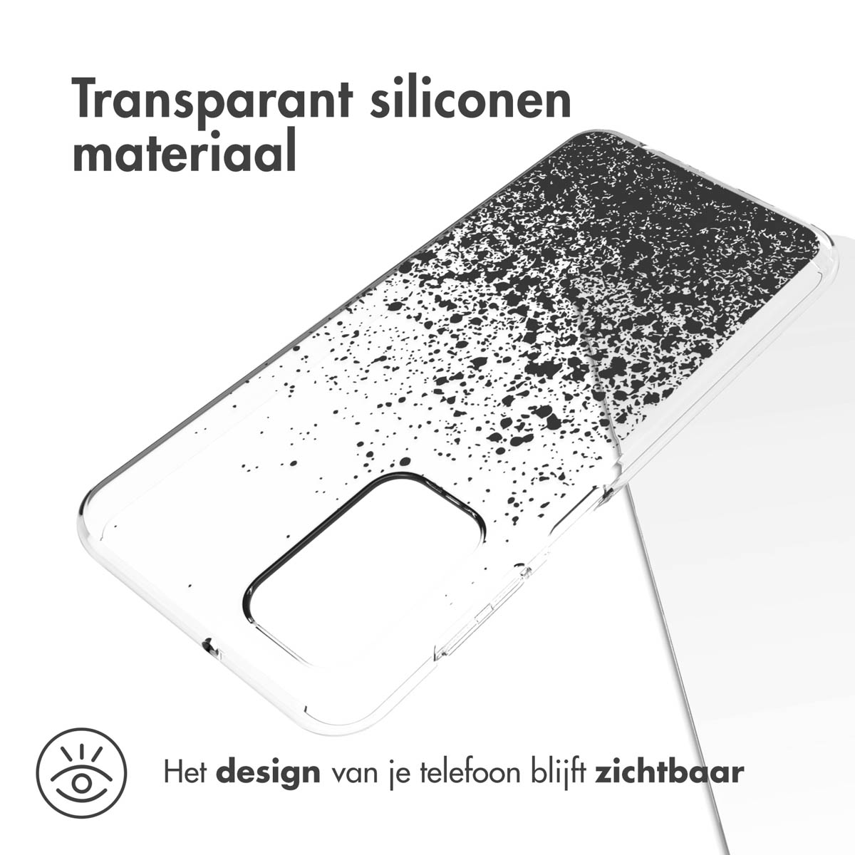 Coque transparente avec mouchetures noires. Téléphone visible. Texte : Matériau silicone transparent.