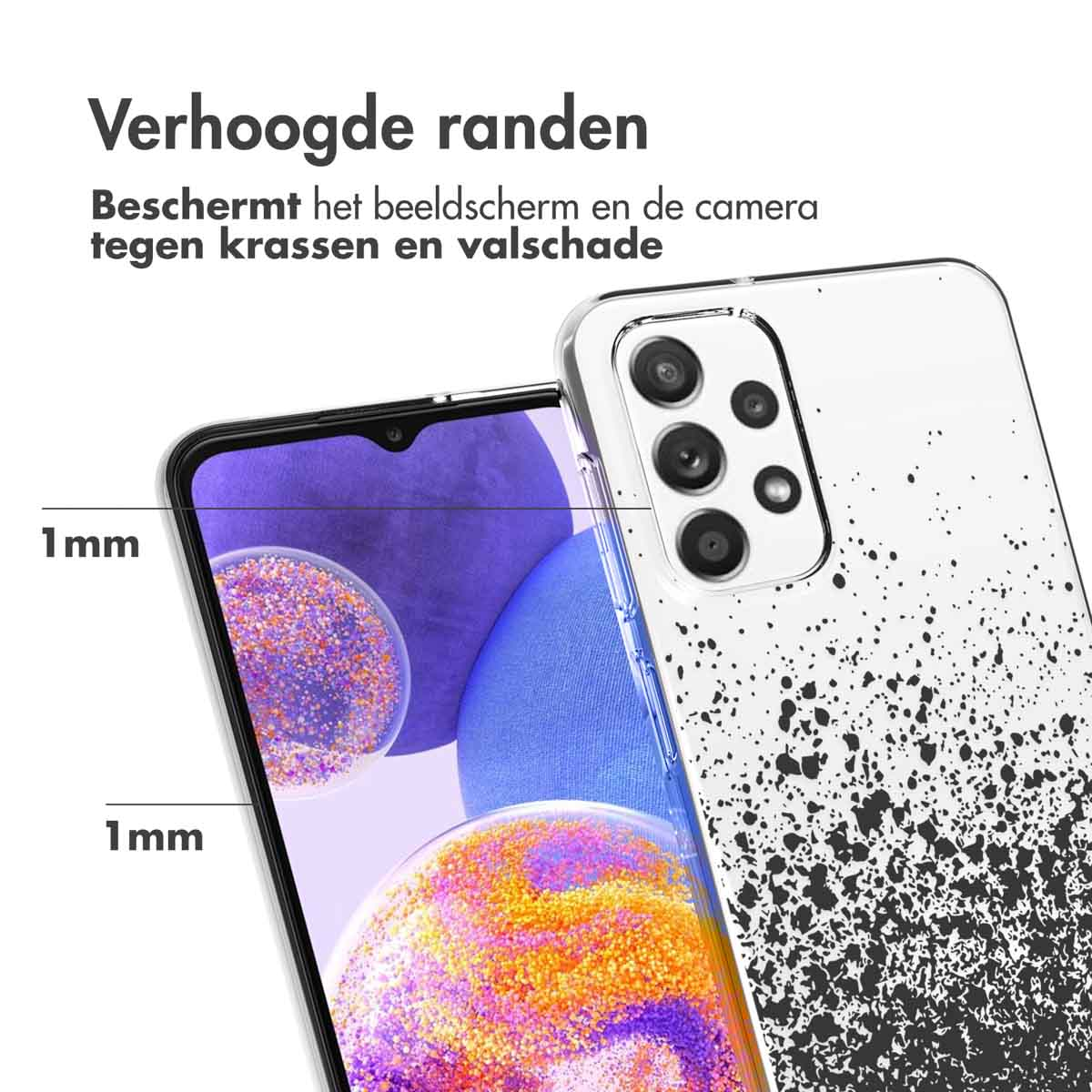 Coque de téléphone sur téléphone. Bords surélevés de 1 mm. Design texturé noir et blanc à l'arrière, protège écran et caméra.