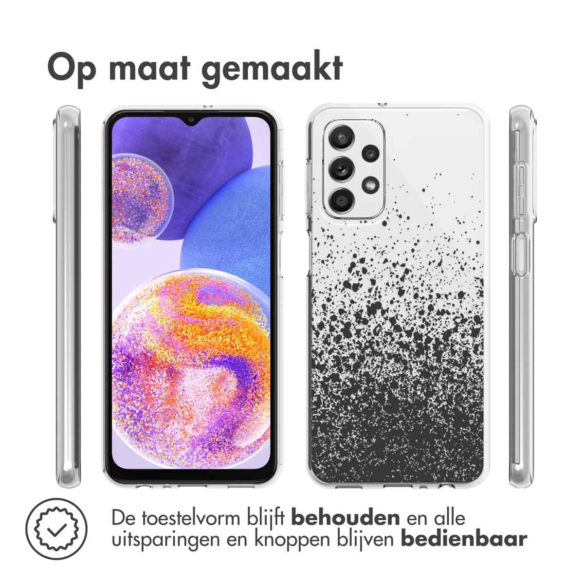 Coque de téléphone transparente avec design noir et blanc. Texte : Fabriqué sur mesure. Forme du téléphone maintenue.