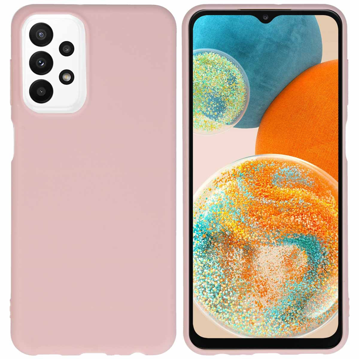 Roze telefoonhoes met een telefoon erin. Het scherm van de telefoon toont een oranje patroon.