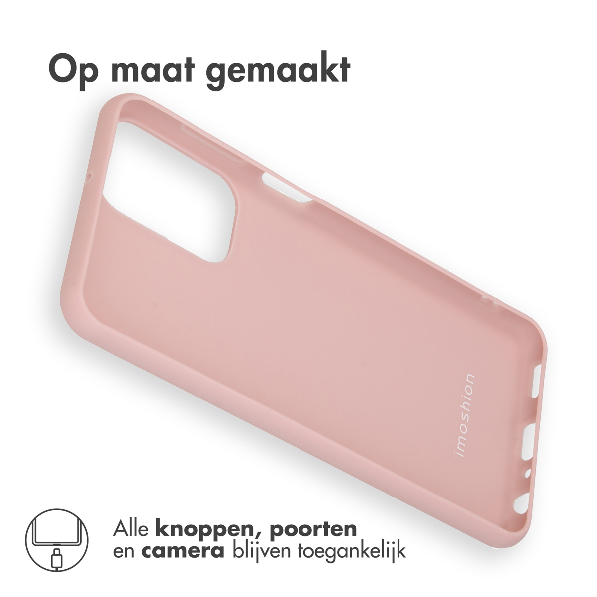 Roze telefoonhoes met camera-uitsparing, alle knoppen, poorten en camera toegankelijk.