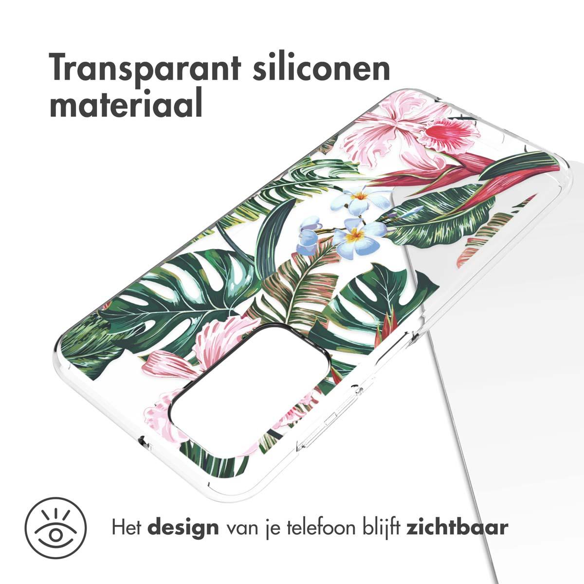 Coque de téléphone transparente avec un motif floral, mettant en valeur le design du téléphone.