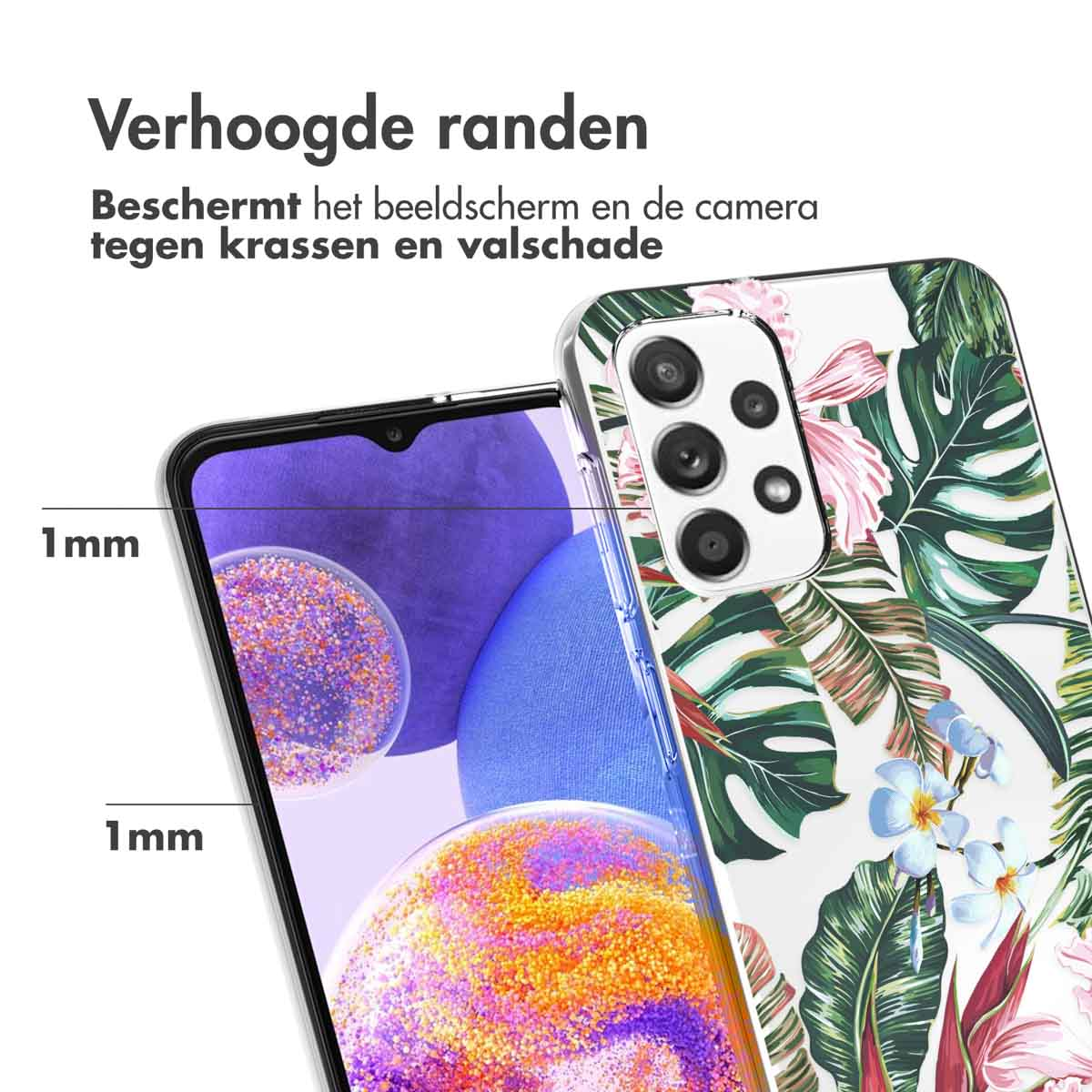 Coque de téléphone avec motif floral. Écran de téléphone visible. Texte : Bords surélevés. Protège l'écran et l'appareil photo des rayures.