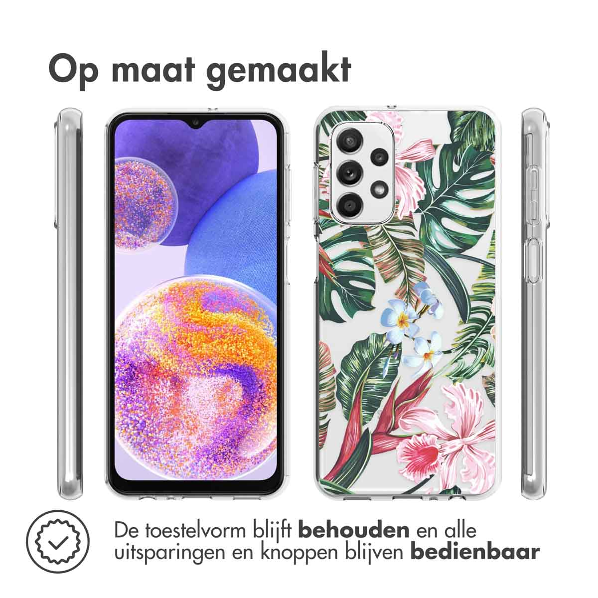 Coque avec motif floral. Texte: Fabriqué sur mesure. La forme de l'appareil est conservée et toutes les découpes restent utilisables.