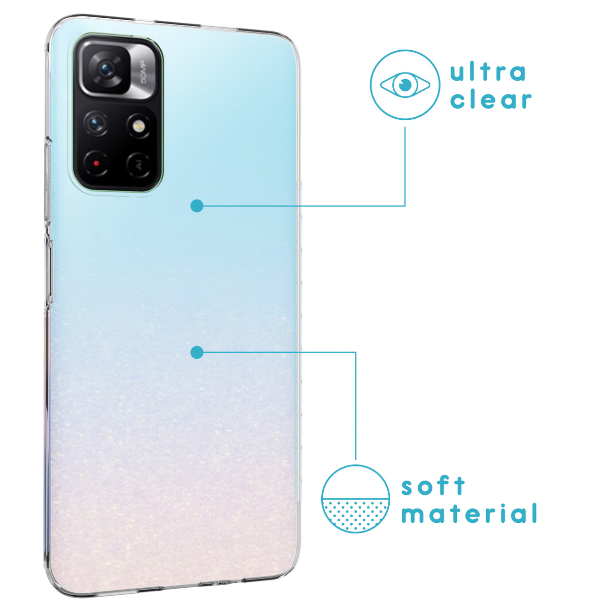 Coque de téléphone avec dégradé de couleurs et le téléphone à l'intérieur. Texte : Ultra clair, Matériau doux.