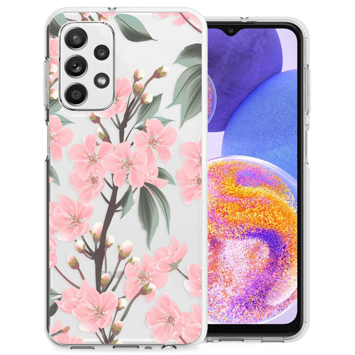 Une coque de téléphone avec des fleurs roses et un téléphone à l'intérieur. Le fond est blanc.