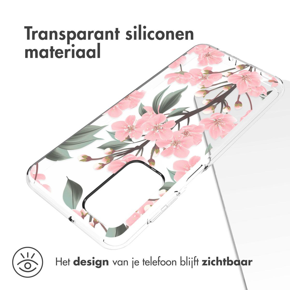 Coque transparente avec un motif floral sur le téléphone.