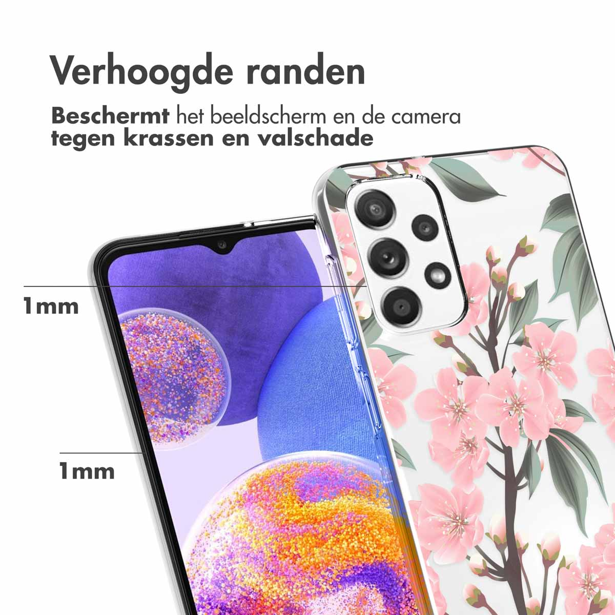 Coque de téléphone avec motif floral rose. Écran de téléphone visible. Texte : Bords surélevés. Protège l'écran et l'appareil photo des rayures.