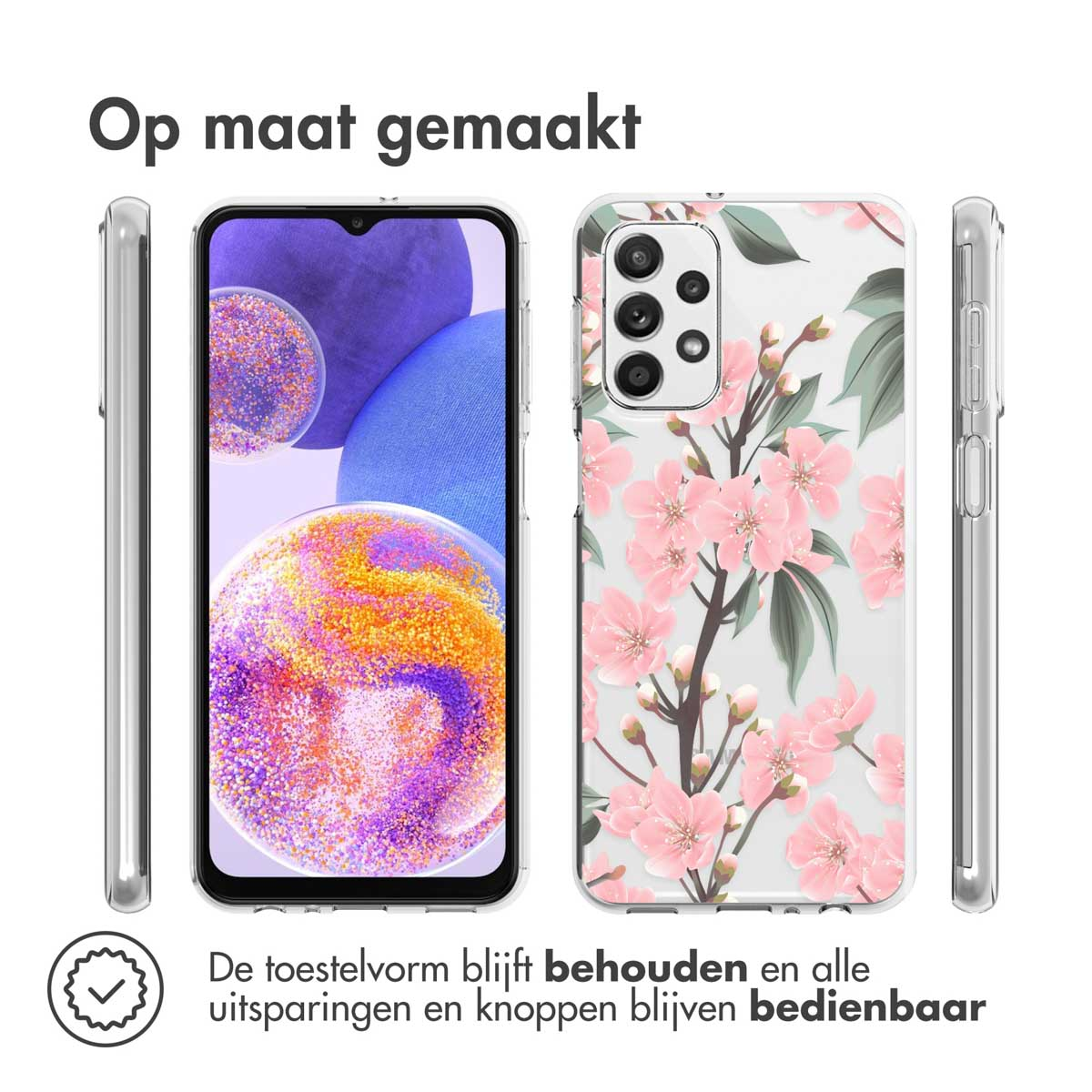 Téléphone avec une coque transparente avec un motif floral, tous les boutons et ports sont accessibles.