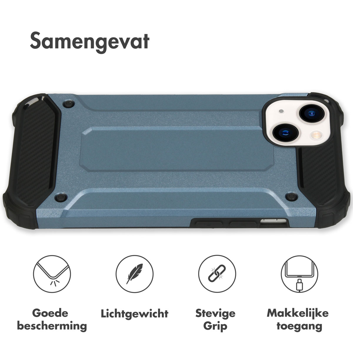 Coque bleue avec des accents noirs. Texte: Bonne protection, léger, prise ferme, accès facile.