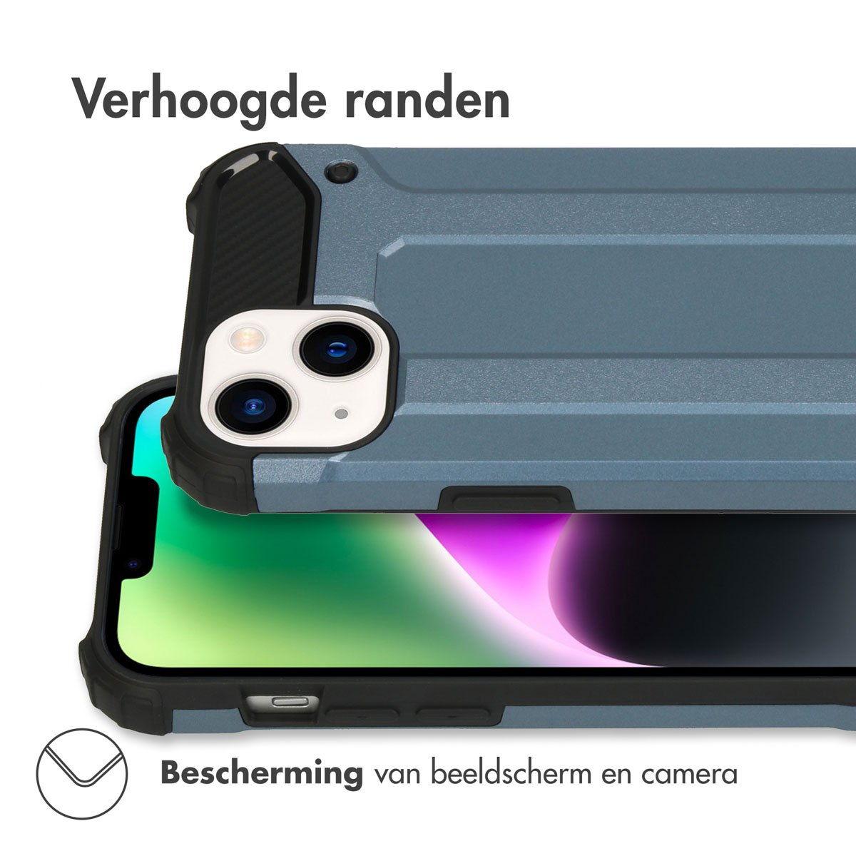 Coque de téléphone bleue avec un téléphone dedans. Elle montre la protection de la caméra et de l'écran.