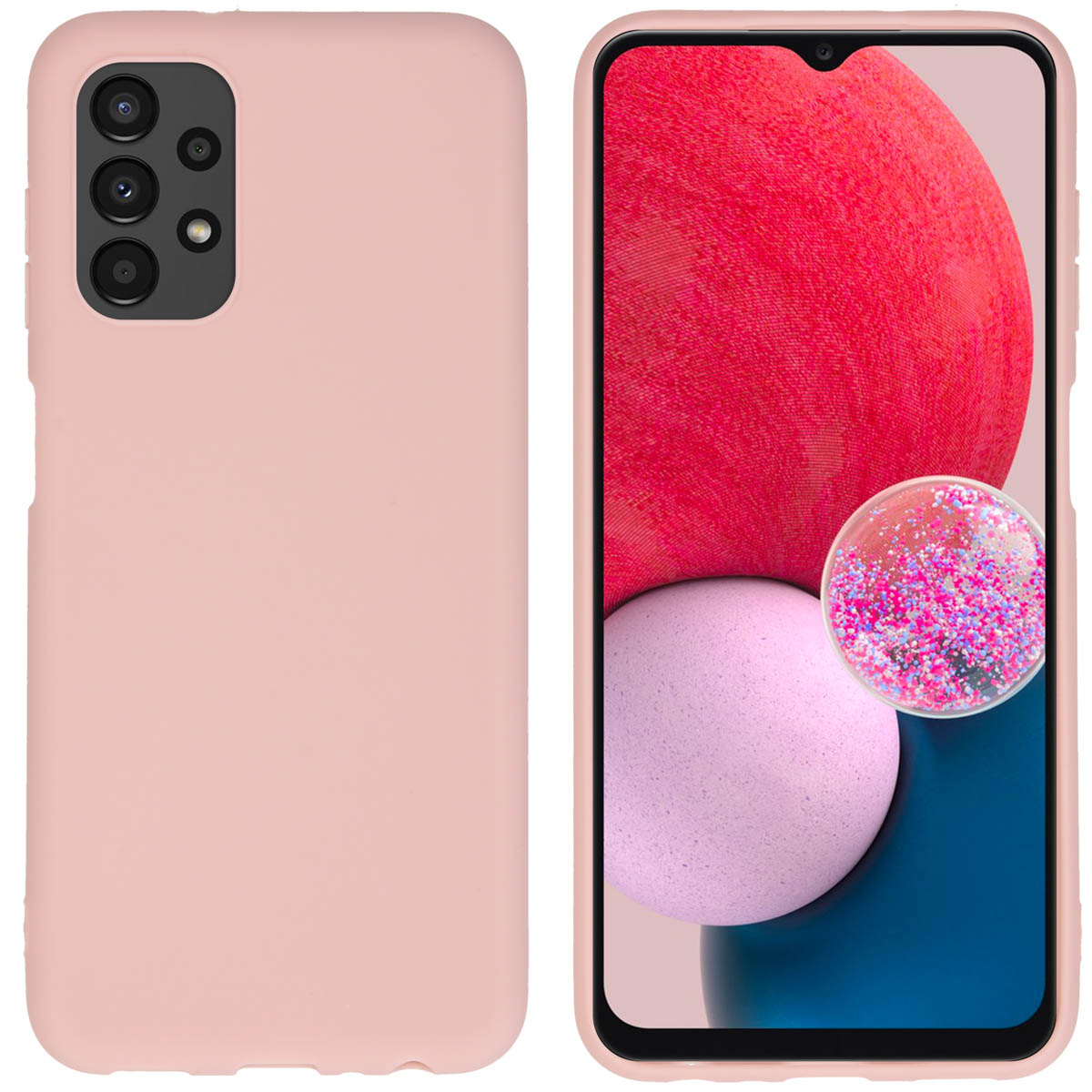 Roze telefoon en hoesje. Telefoon rechts, hoesje links. Hoesje heeft camera en lenzen.
