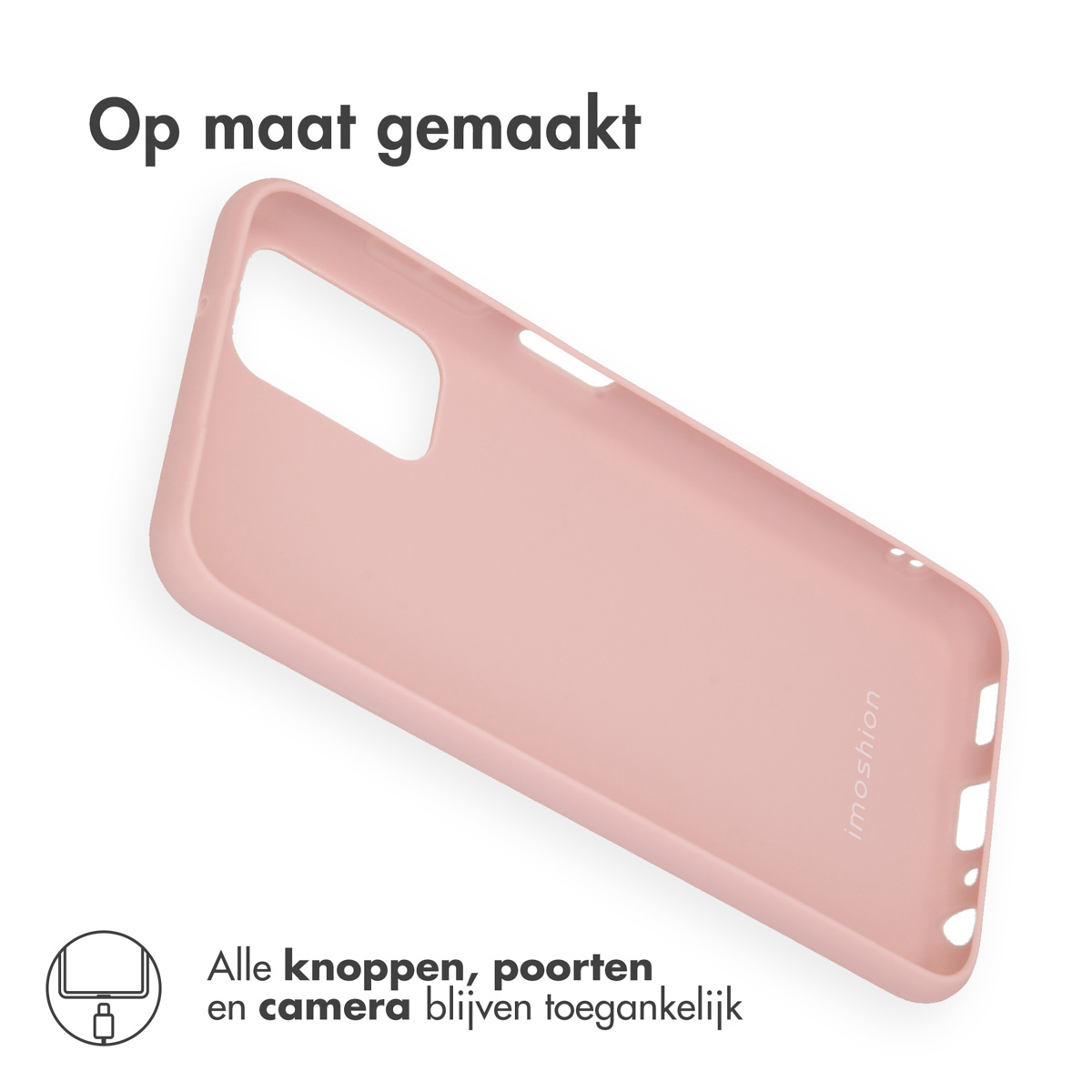 Roze telefoonhoes. Tekst: 'Op maat gemaakt', alle poorten toegankelijk.