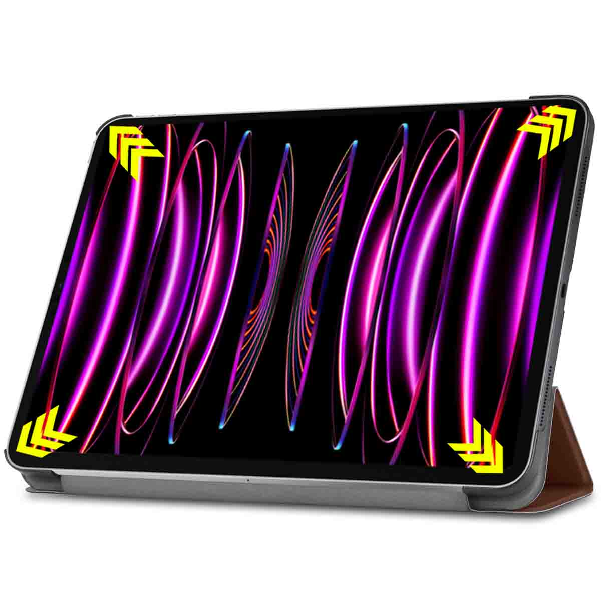 Tablet with a colorful abstract screen in a case, shown at an angle.