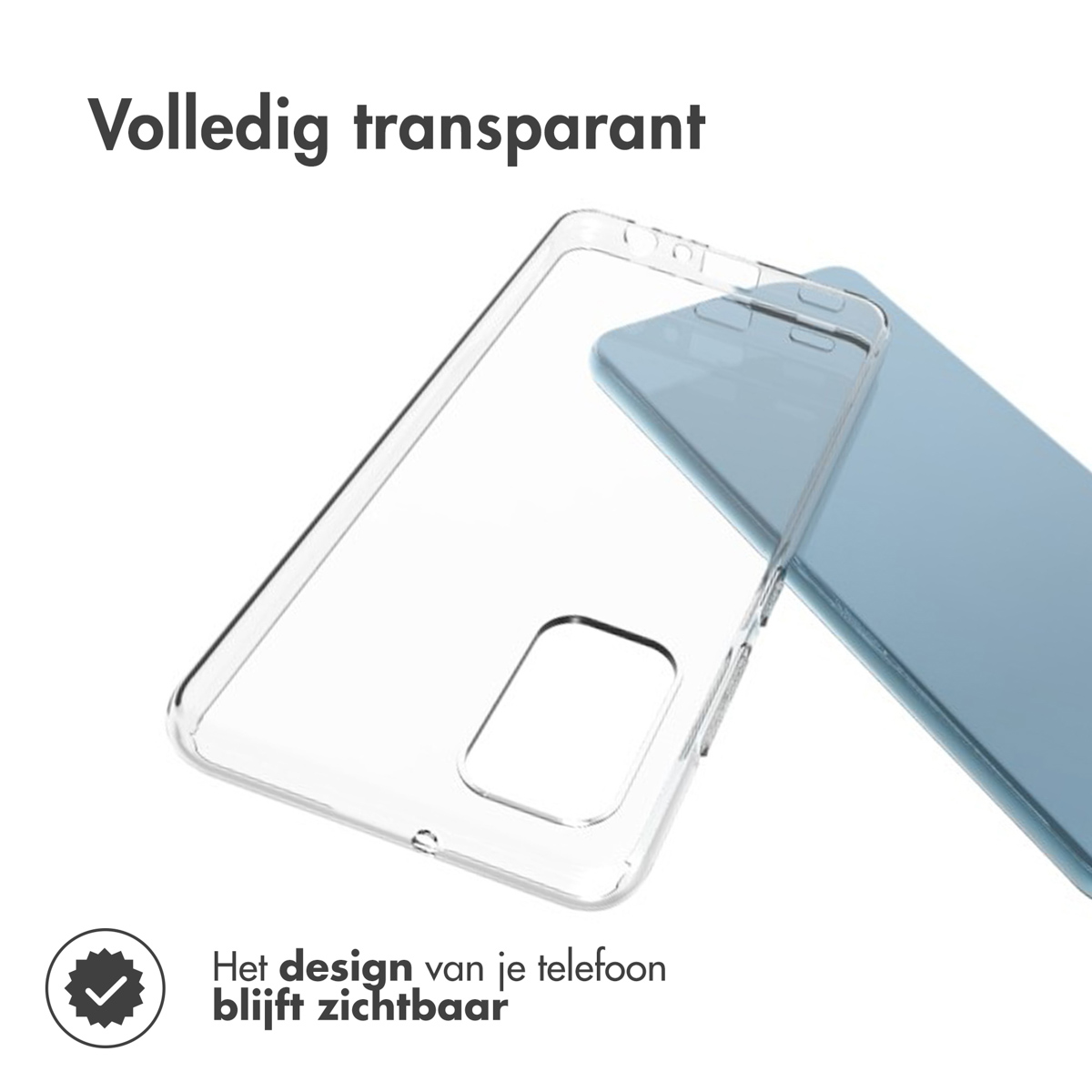 Przezroczyste etui na telefon. Tekst: Całkowicie przezroczyste. Design Twojego telefonu pozostaje widoczny.