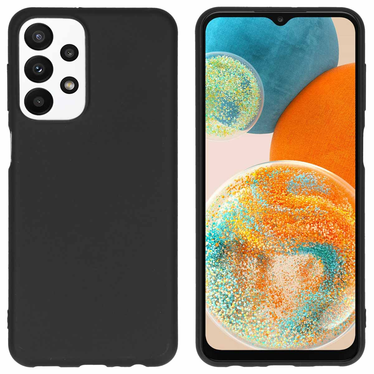 Zwarte telefoonhoes met zwarte telefoon. Het scherm toont een abstracte afbeelding.