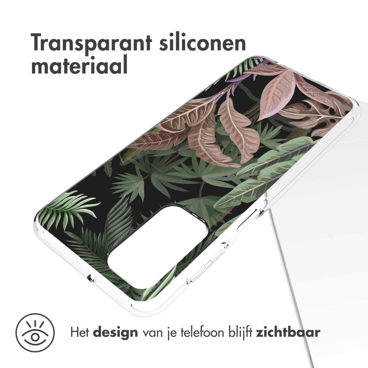 Coque de téléphone avec un motif de feuilles, devant un fond blanc. Le design est visible.