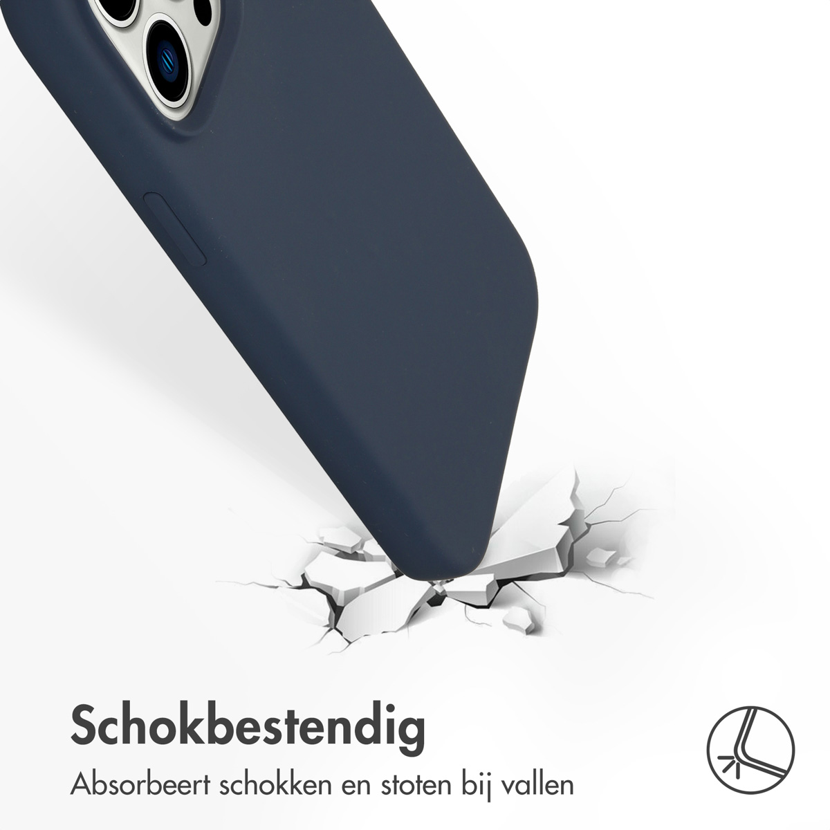Een donkerblauwe telefoonhoes wordt op een wit oppervlak laten vallen, dat breekt.