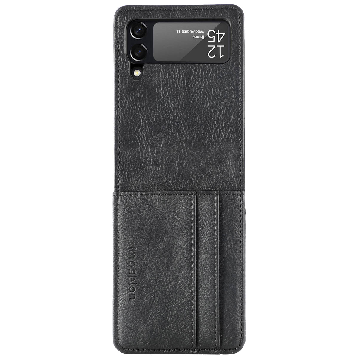 Zwarte telefoonhoes met flap en kaartsleuven. De telefoon toont de tijd.
