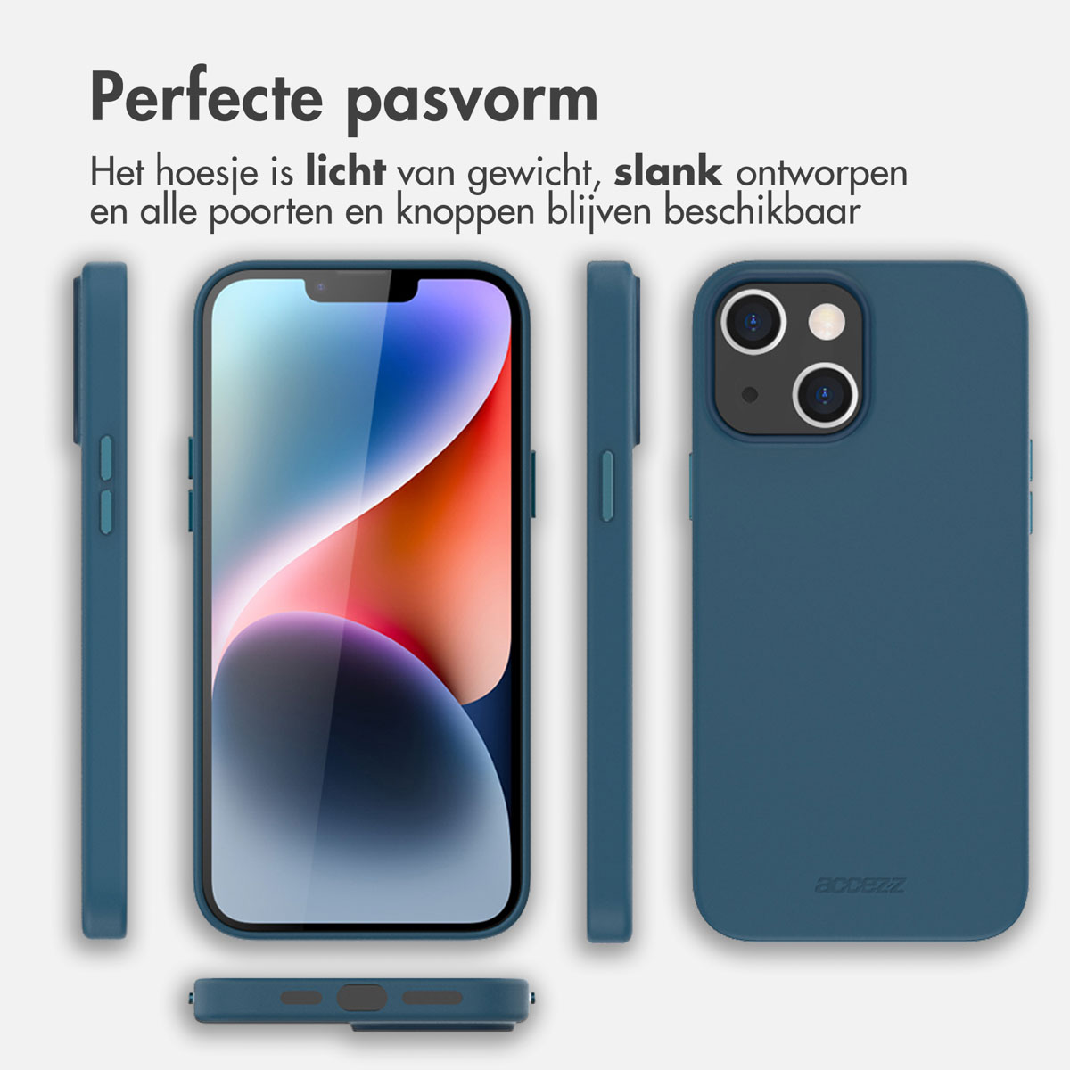 Teal telefoonhoesje, telefoon erin. Witte achtergrond. Tekst: Perfecte pasvorm.