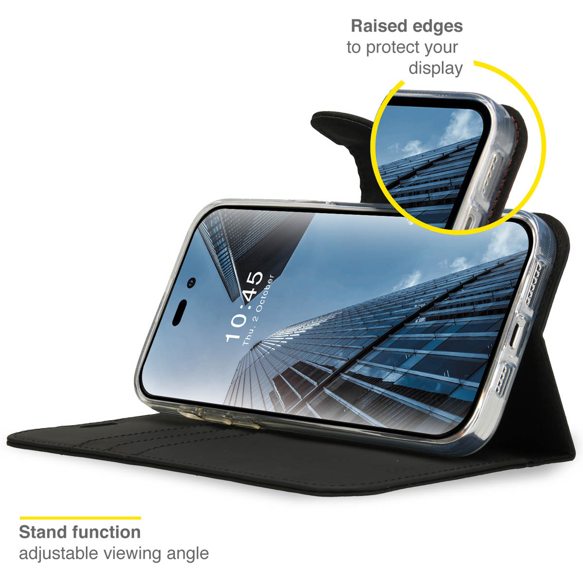 Zwarte telefoonhoes met telefoon. Het scherm toont een weerspiegeling van een gebouw.