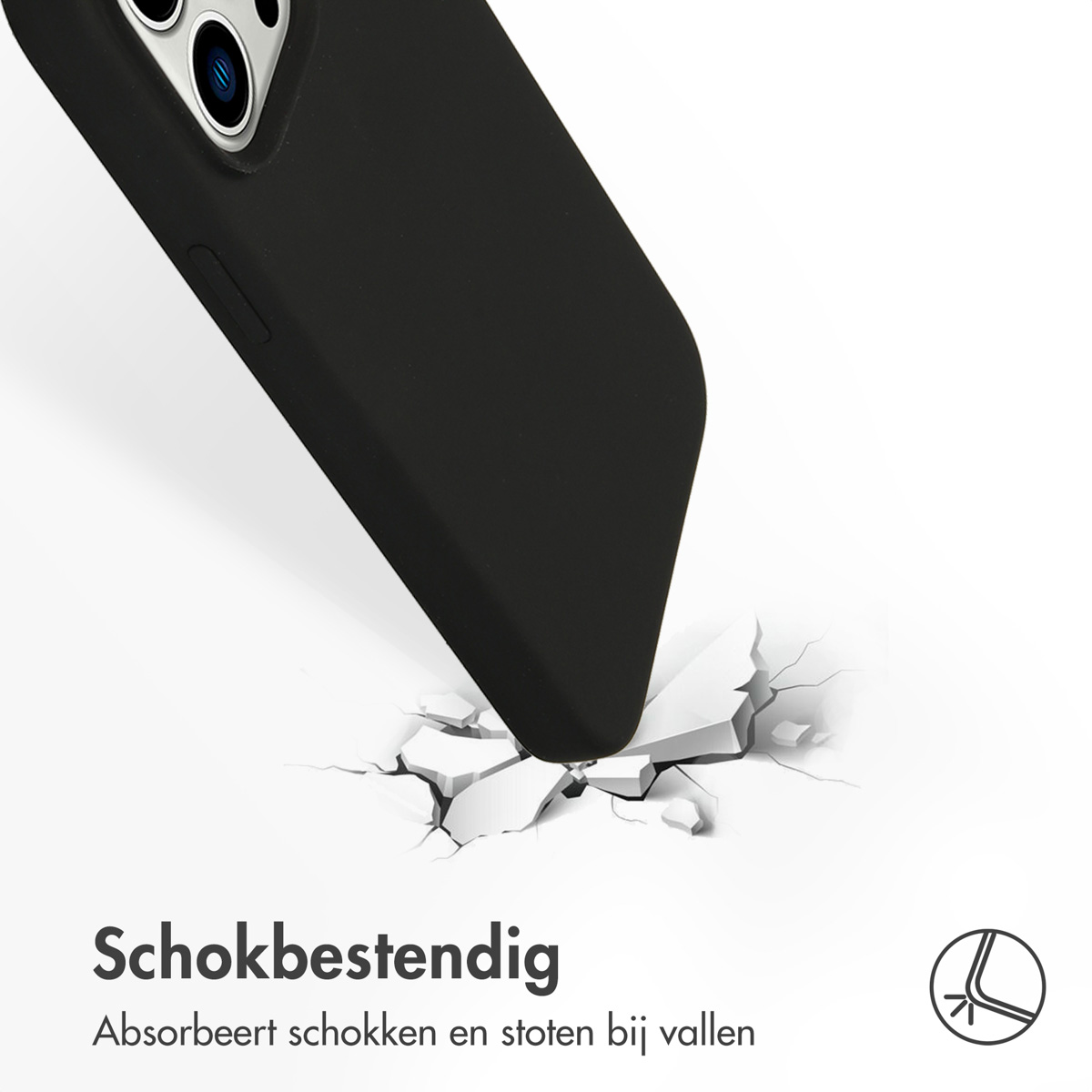 Zwarte telefoonhoes die op een wit oppervlak stuit. Tekst: Schokbestendig.