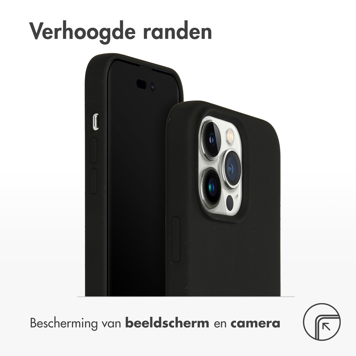 Zwarte telefoonhoes met een telefoon erin. Tekst: Verhoogde randen. Beschermt scherm en camera.