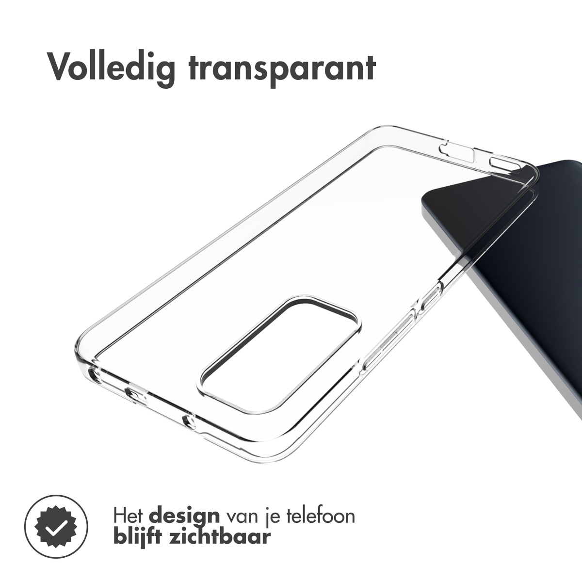 Custodia trasparente per telefono con un telefono all'interno. Il design del telefono è visibile.
