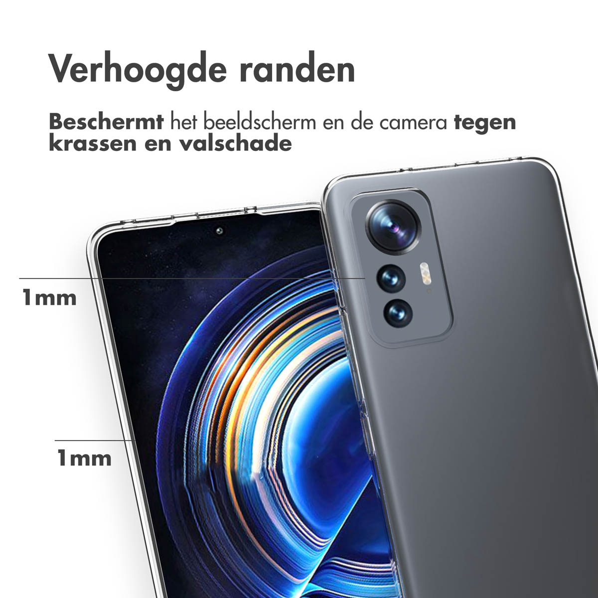 Téléphone avec étui. L'étui a des bords surélevés, 1 mm. Protège l'écran et la caméra.
