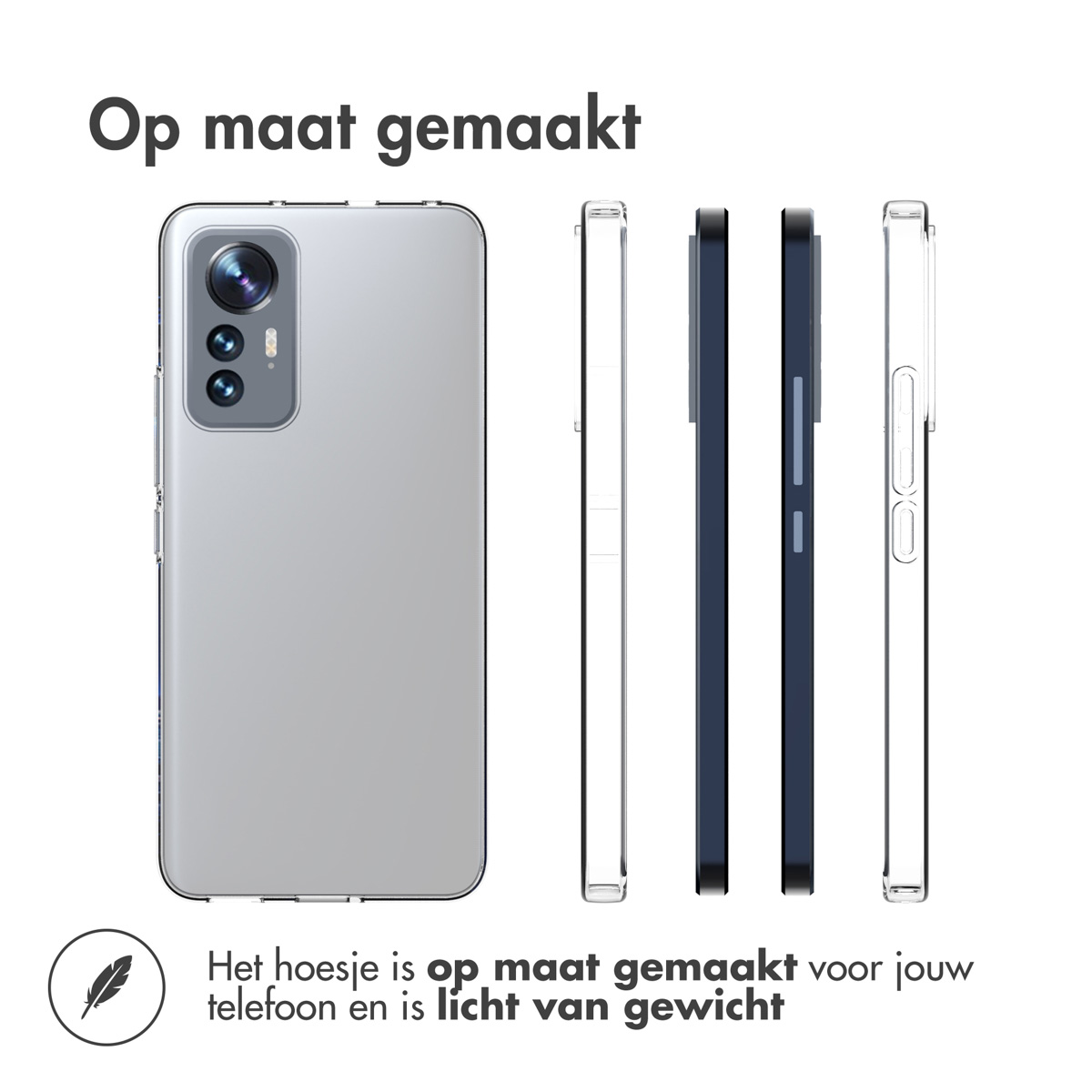 Une coque avec un téléphone argenté. La coque est transparente.