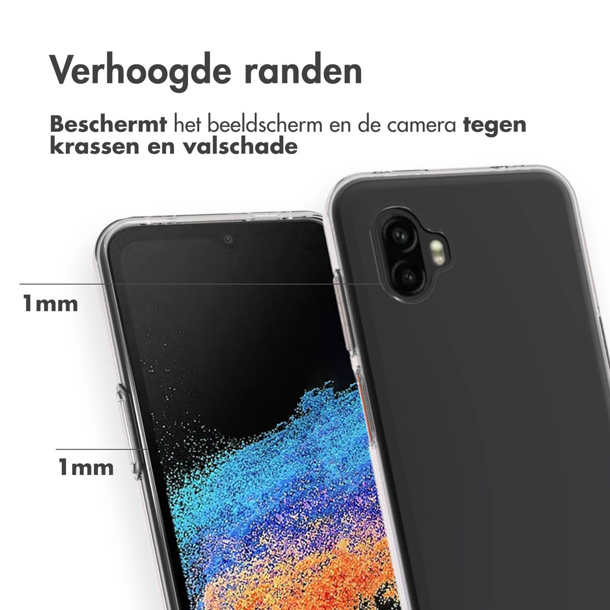 Telefoon in zwarte hoes. Verhoogde randen beschermen scherm en camera. 1mm en 1mm maten.