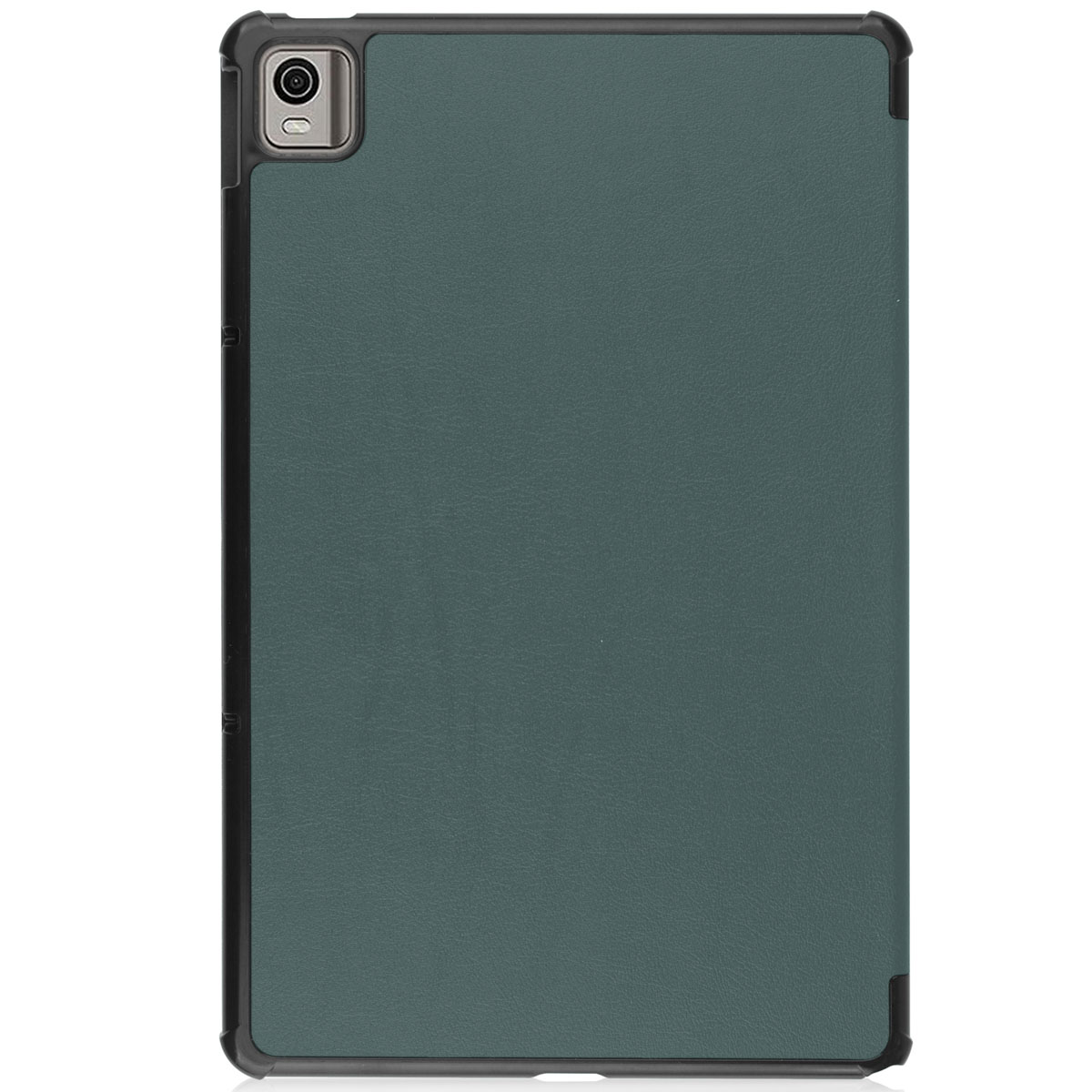 A tablet case, dark teal in color. The device has a camera on the top left corner.