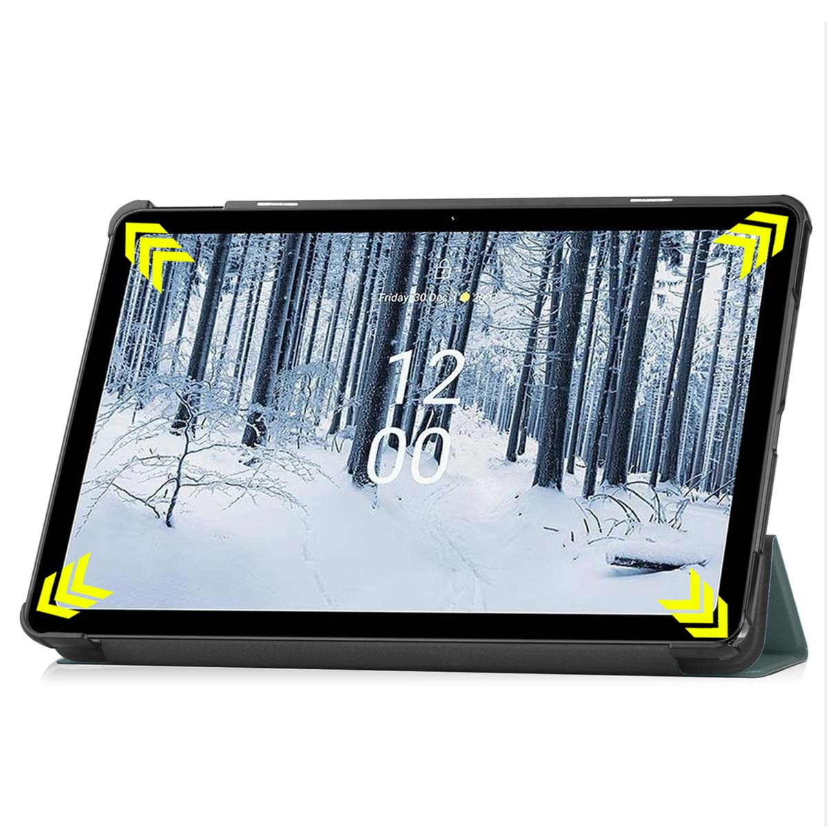 A tablet case showing a winter forest scene. The screen displays the time 12:00.