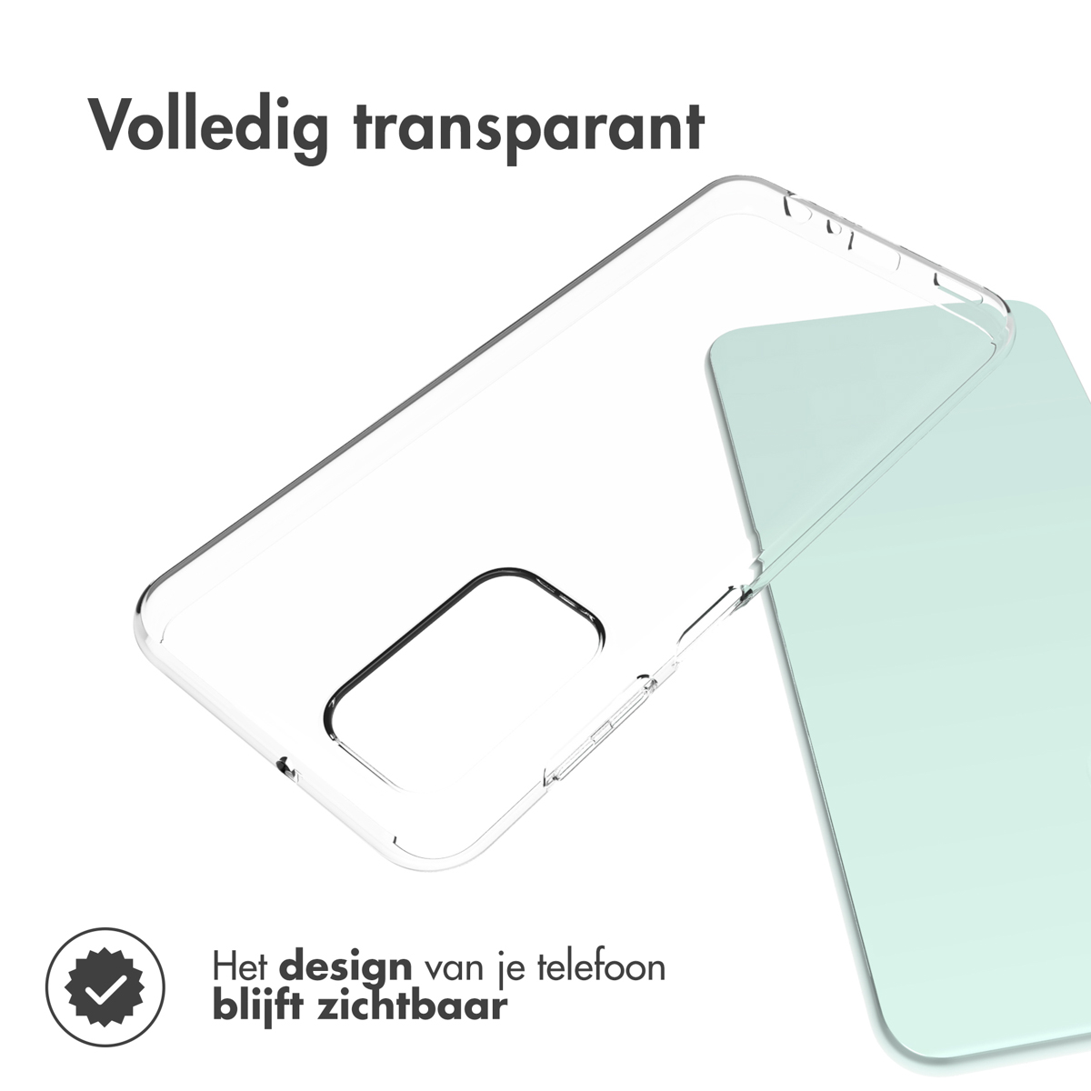Transparent phone case, phone design is visible.