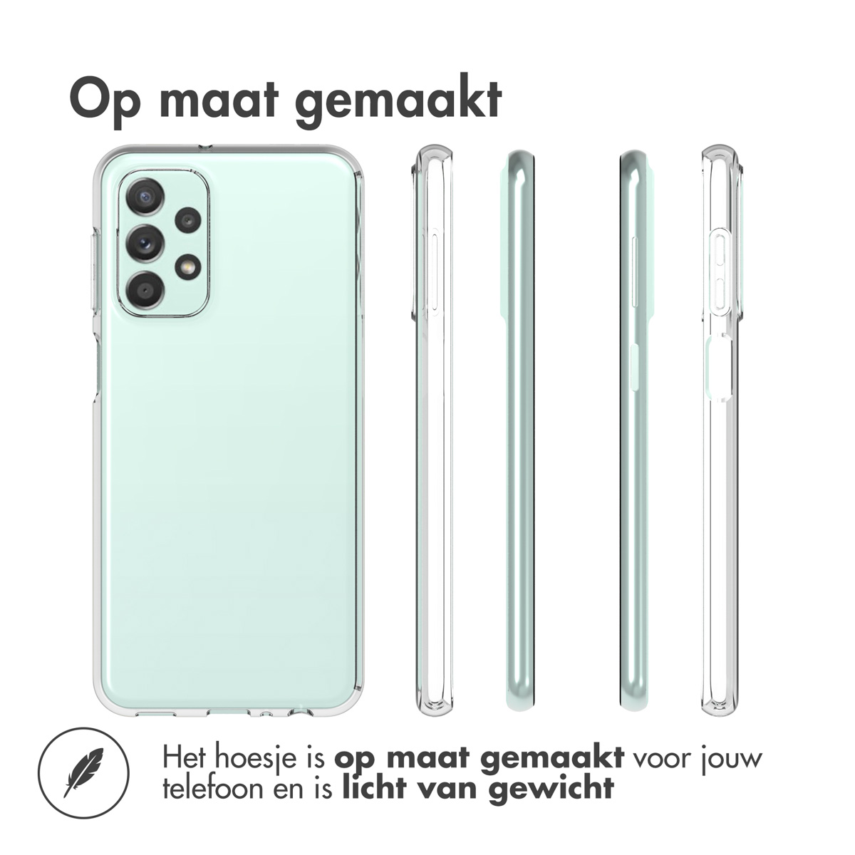 Een telefoon in een doorzichtig hoesje, vanuit meerdere hoeken getoond.