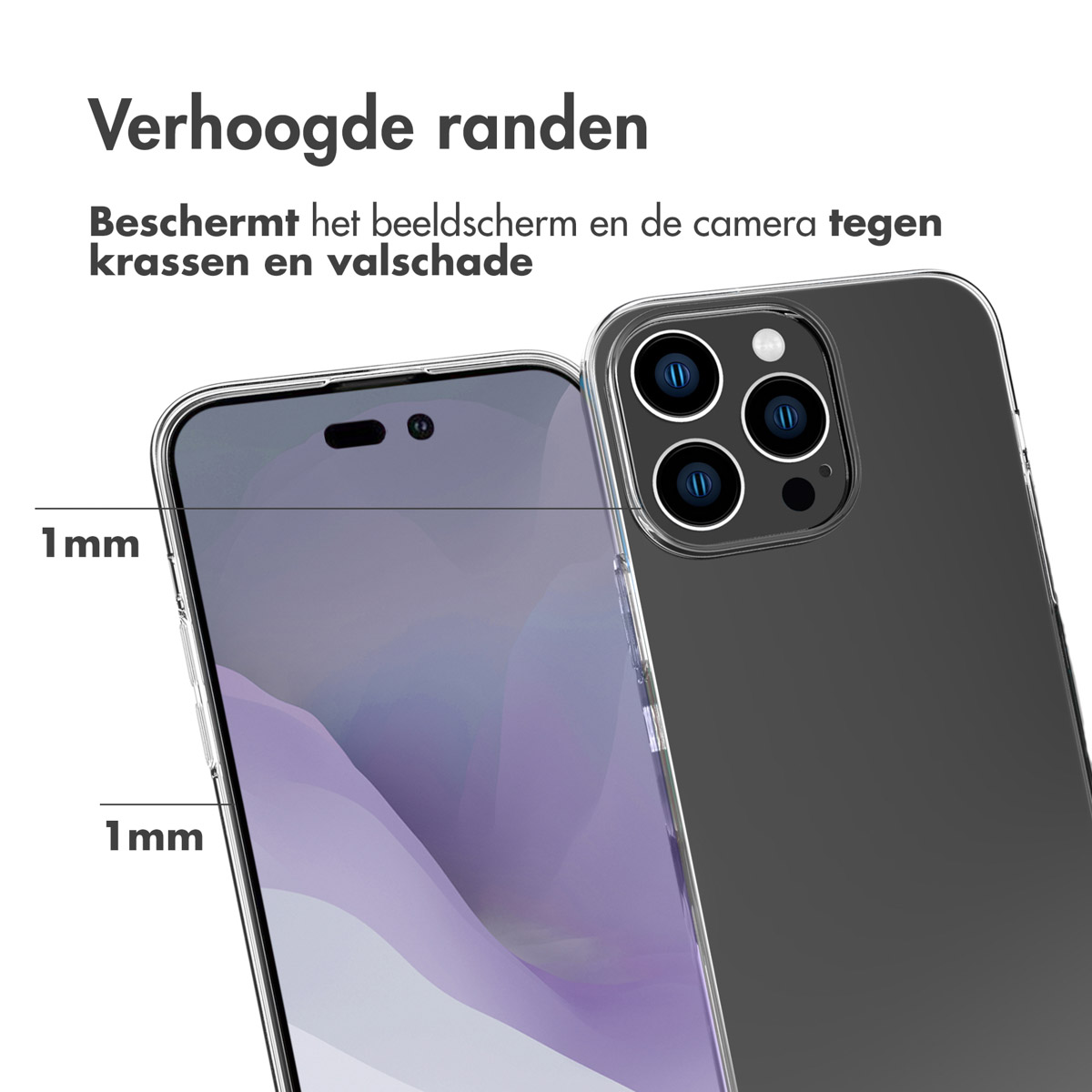 Telefoon met transparante hoes, verhoogde randen, 1mm hoogte, op wit.