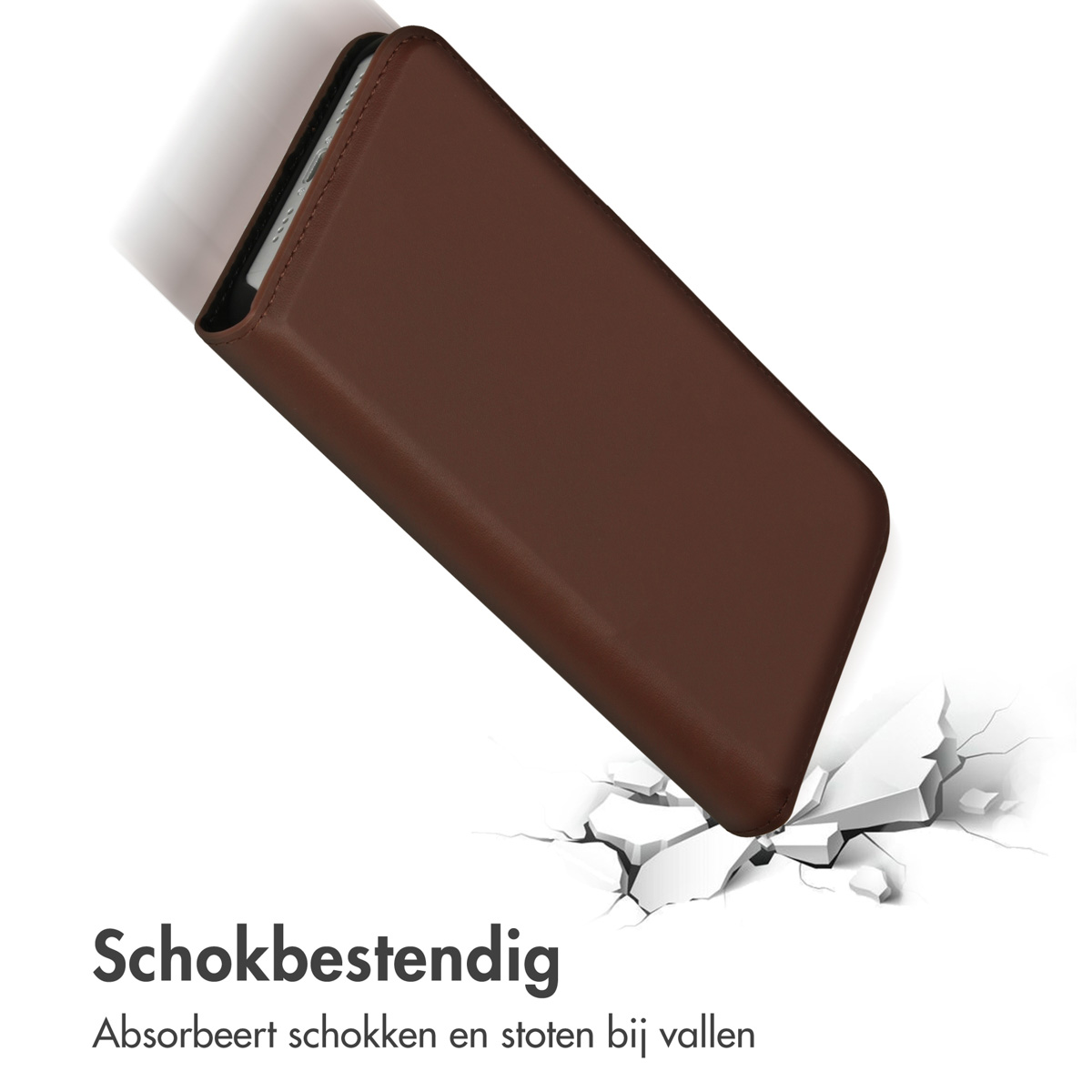 Coque marron avec téléphone. Le téléphone tombe et la coque est antichoc.