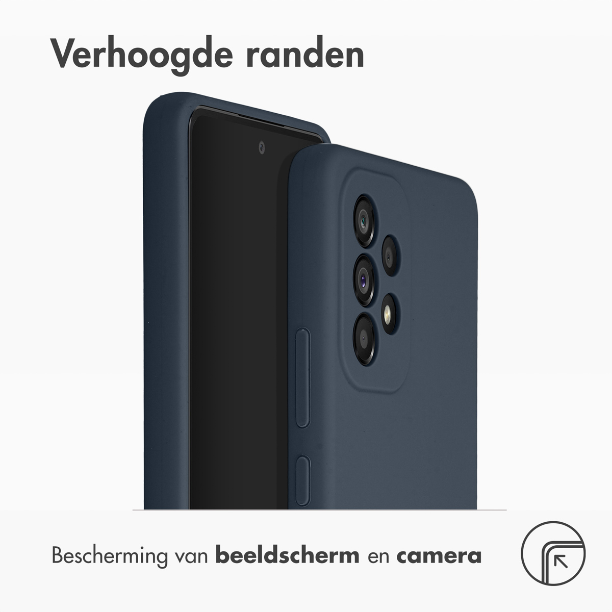 Dunkelblaue Handyhülle mit einem Telefon darin. Die Hülle berührt eine weiße Oberfläche. Text: 'Erhöhte Kanten'.