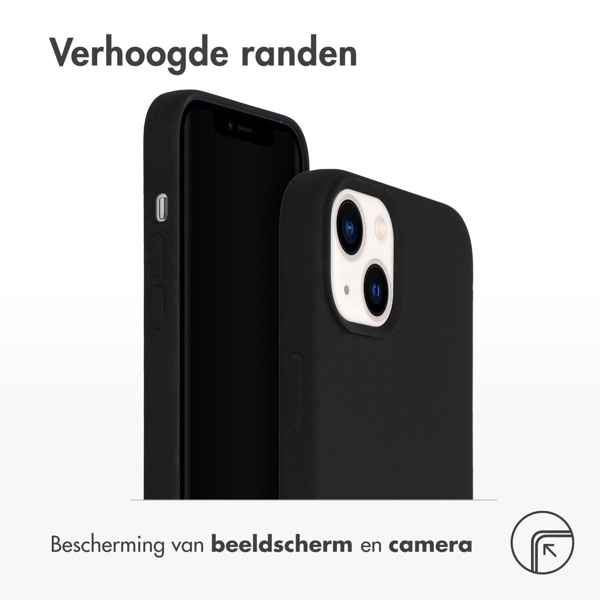Zwarte telefoonhoes met telefoon erin. Hoes heeft opstaande randen, beschermt scherm en camera.