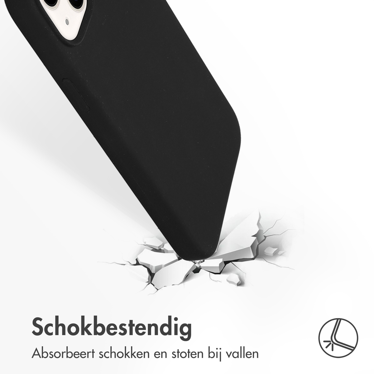 Zwarte telefoonhoes valt en barst het oppervlak. Schokbestendigheid is de belangrijkste eigenschap.