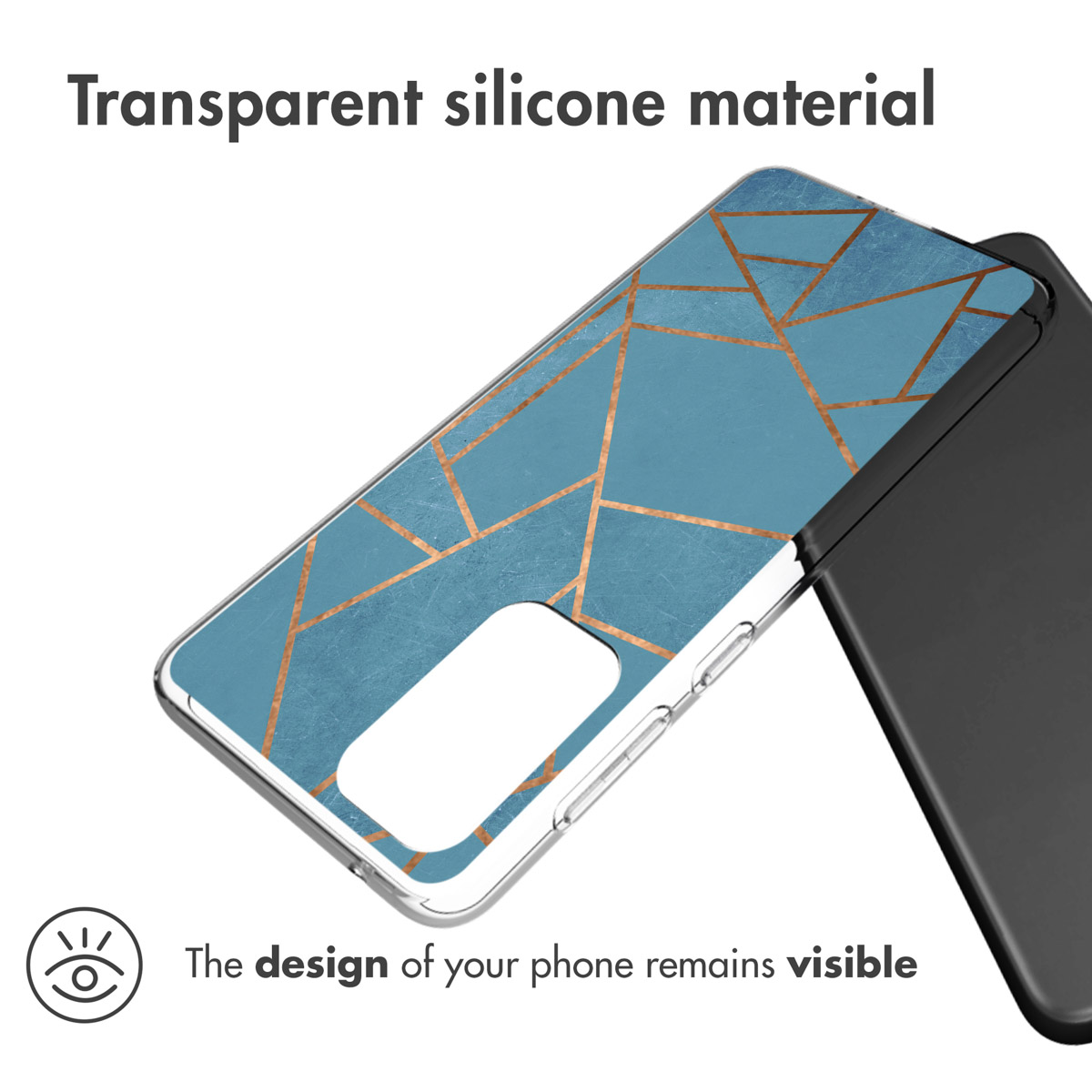 Custodia trasparente con design geometrico blu.